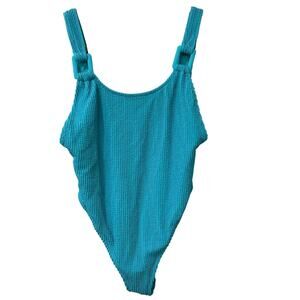 Aerie NWT Women Sz Medium Blue Shimmer Crinkle Scoop Cheekiest 1 Piece Swimsuit